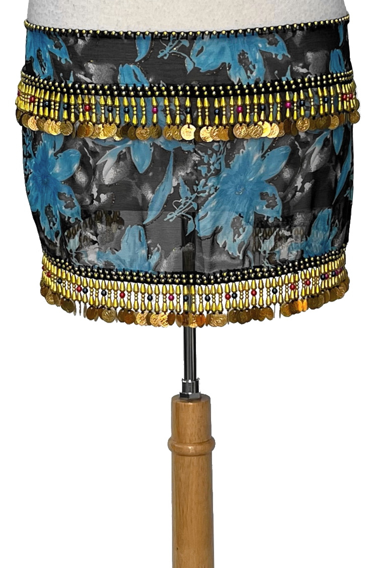 Blue and black floral bellydance scarf