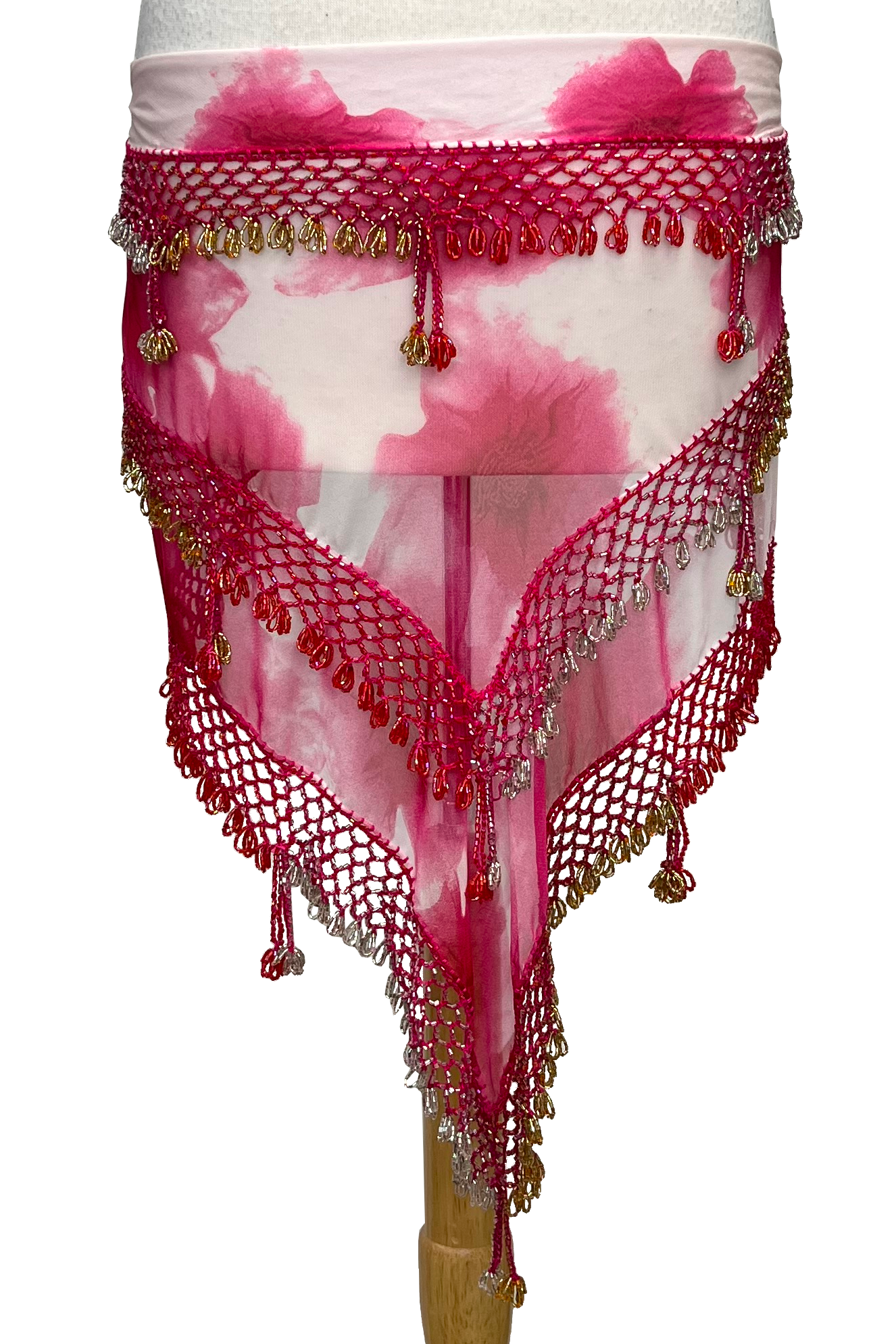 Soft floral print on an Egyptian beaded hip scarf
