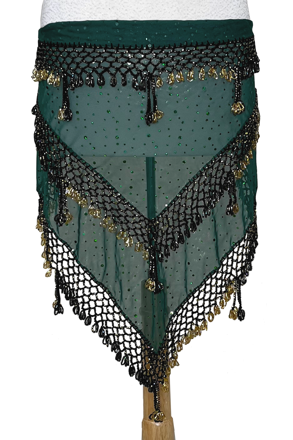 Bellydance hip scarf with gold and black beads