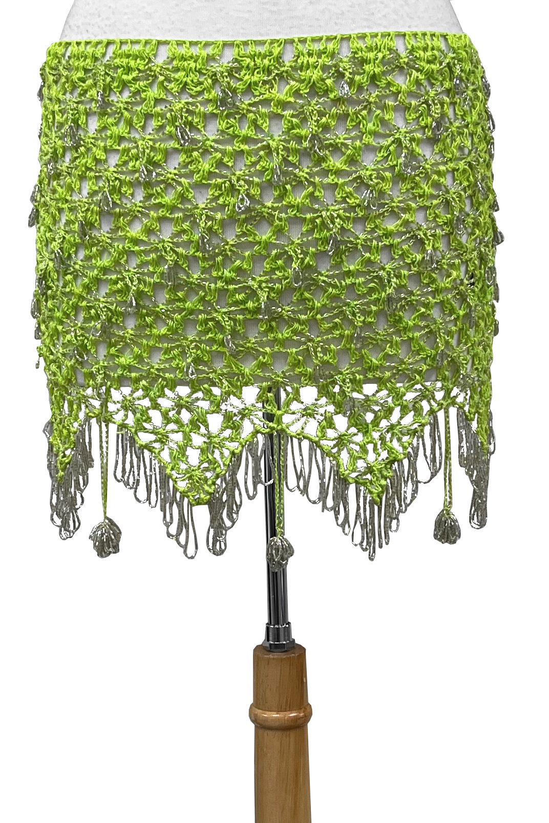 Green crocheted hip scarf with silver beaded fringe