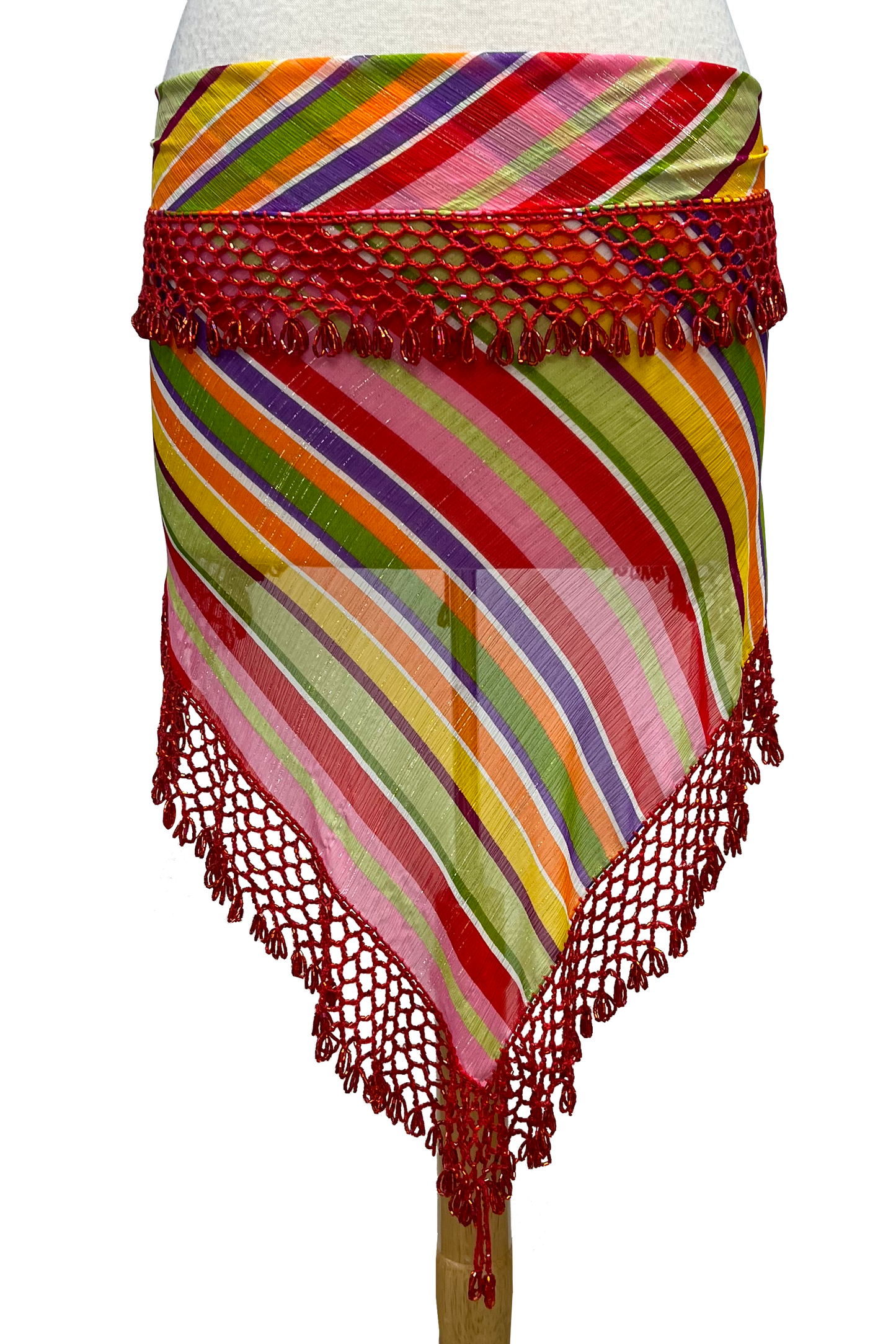 Colorful striped hip scarf with red fringes on a white background