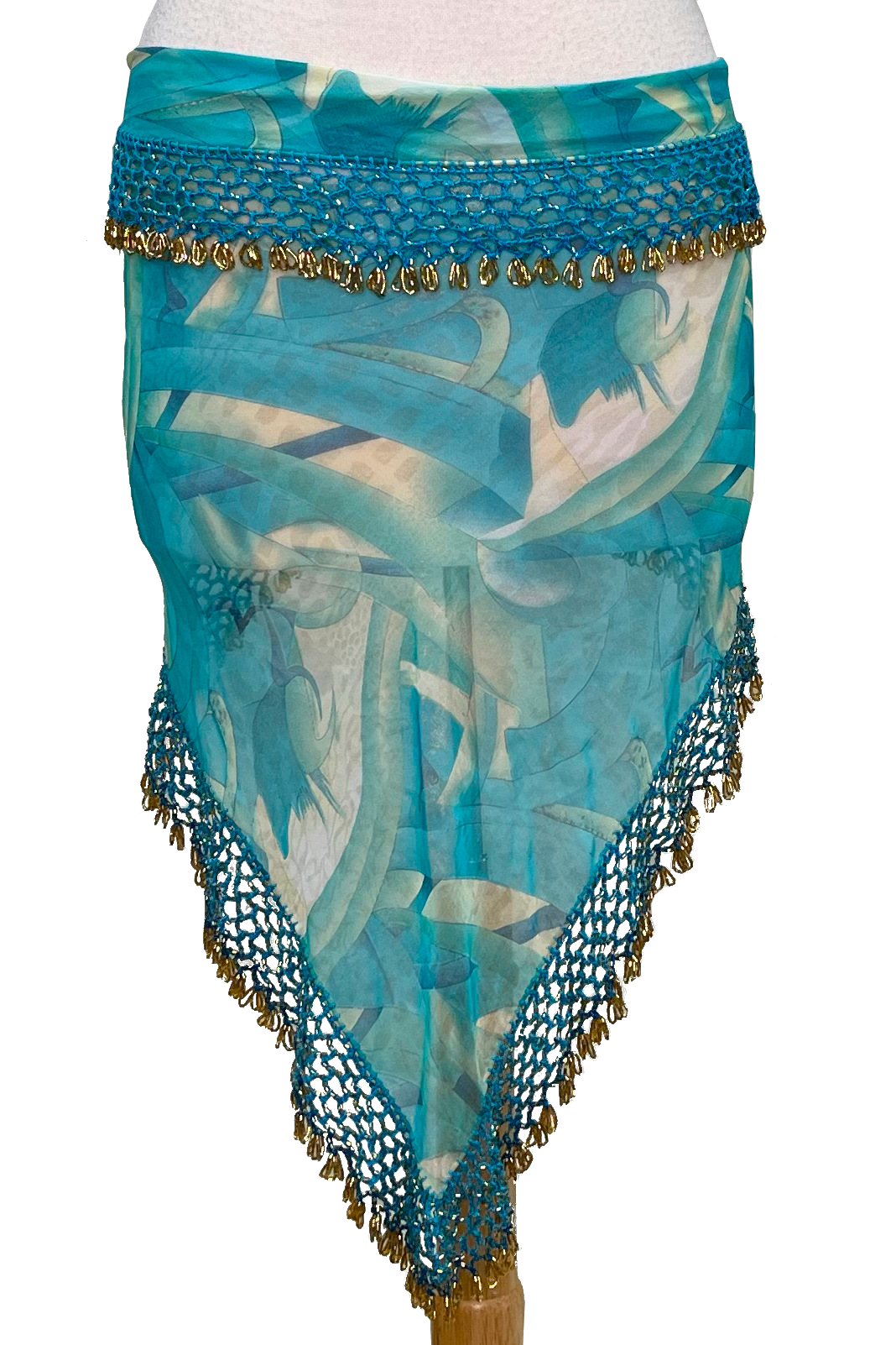 Turquoise shawl with gold beaded trim