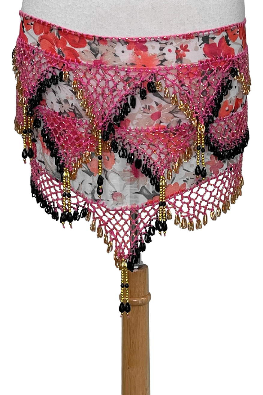 Floral pattern scarf with glass bead fringe