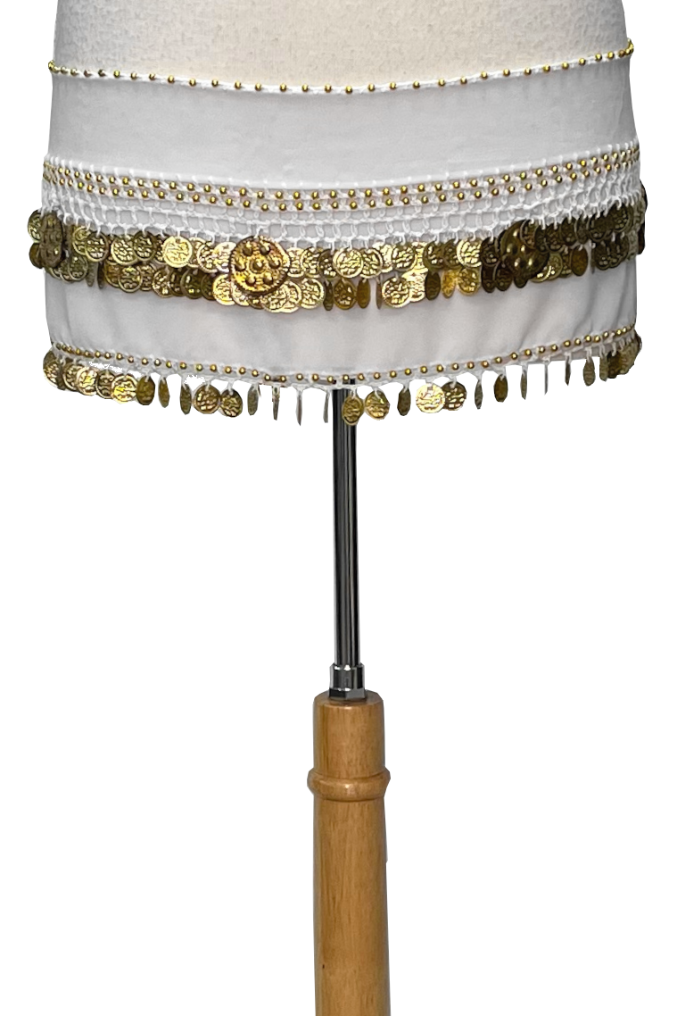 white chiffon hip scarf with gold coins