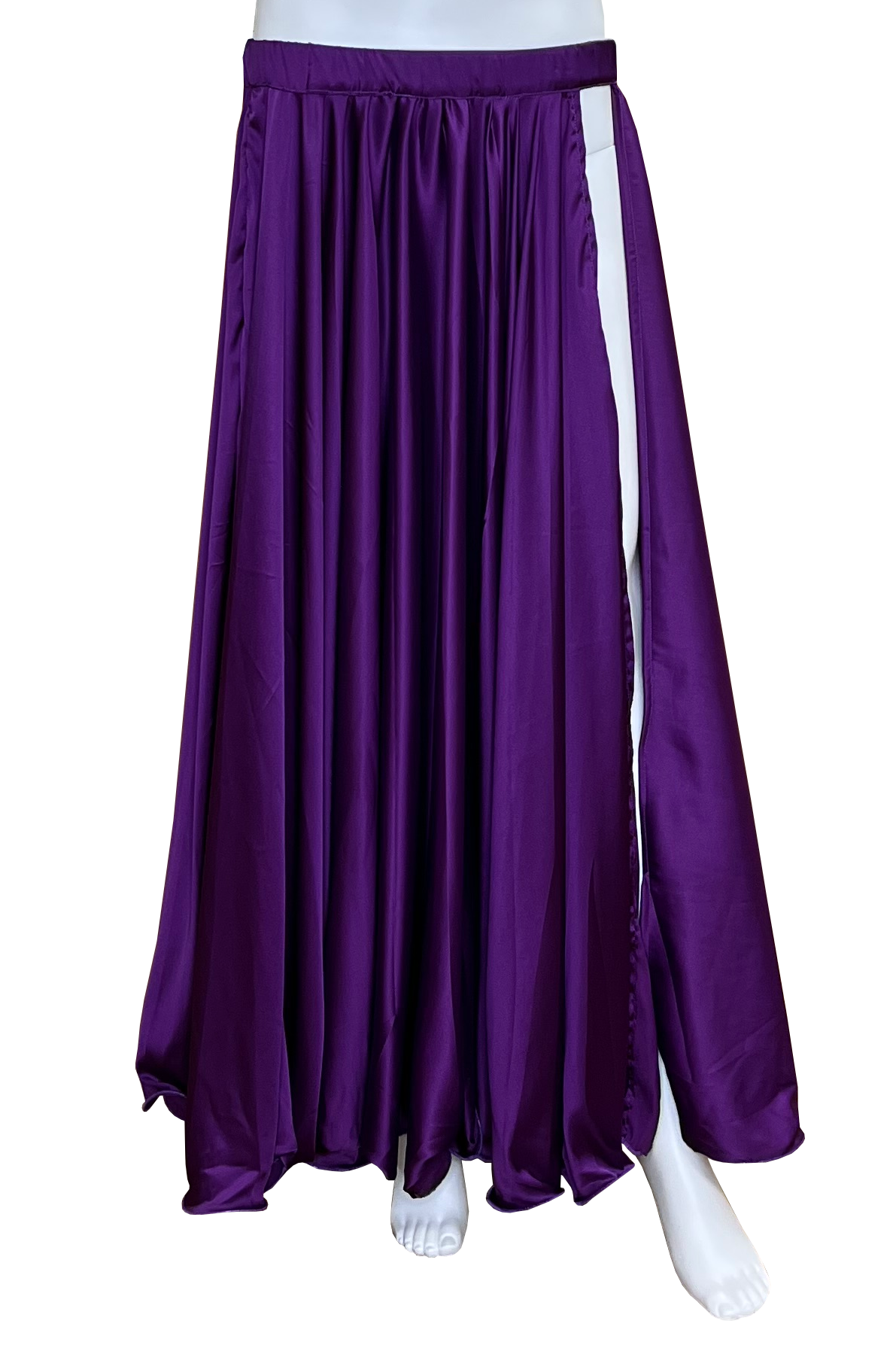 A purple satin maxi skirt displayed on a white mannequin against a plain white background.
