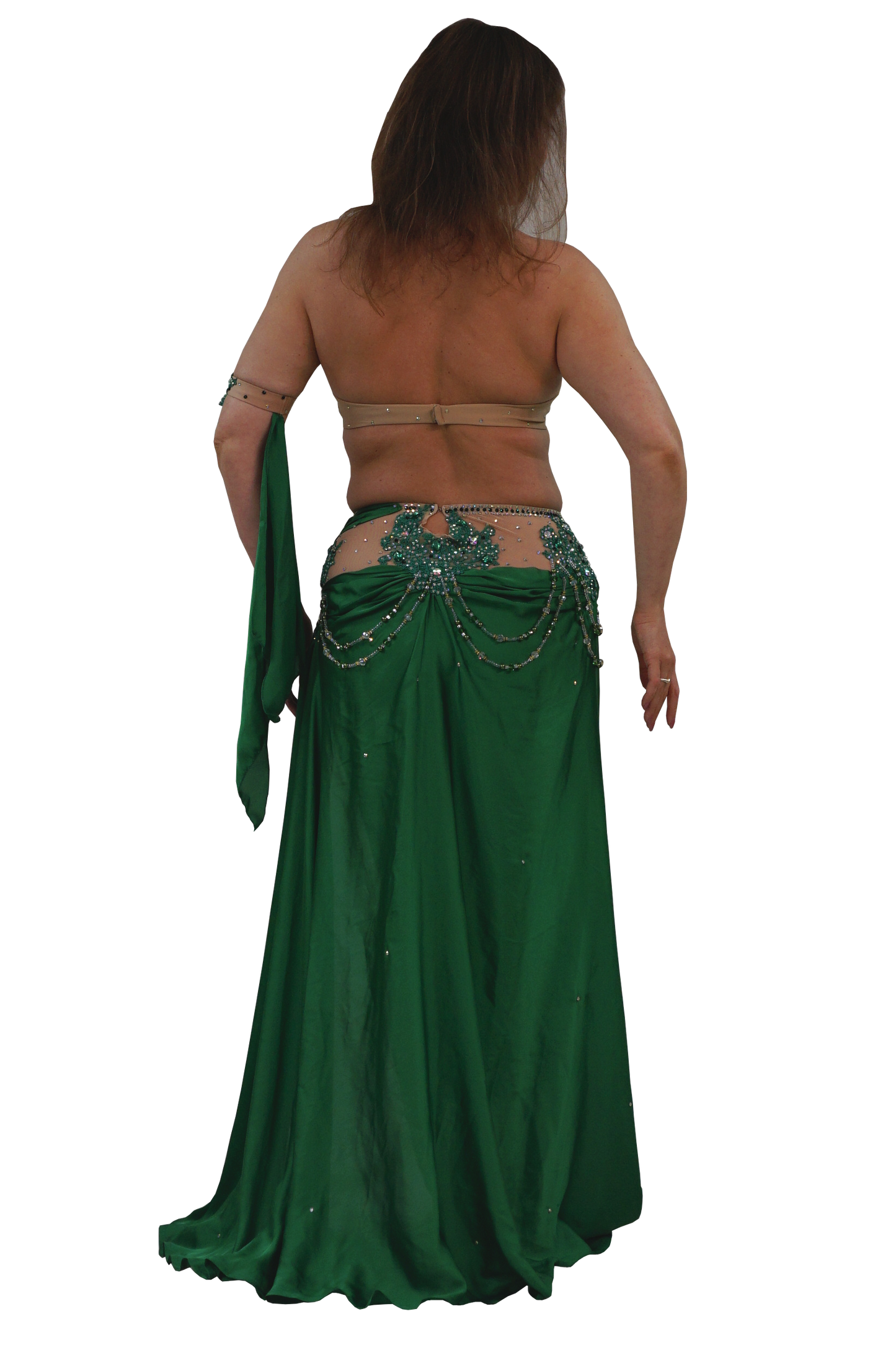 A woman shown from the back wearing a dark green belly dance skirt with an embellished waistband and a matching draped scarf, set against a plain white background.