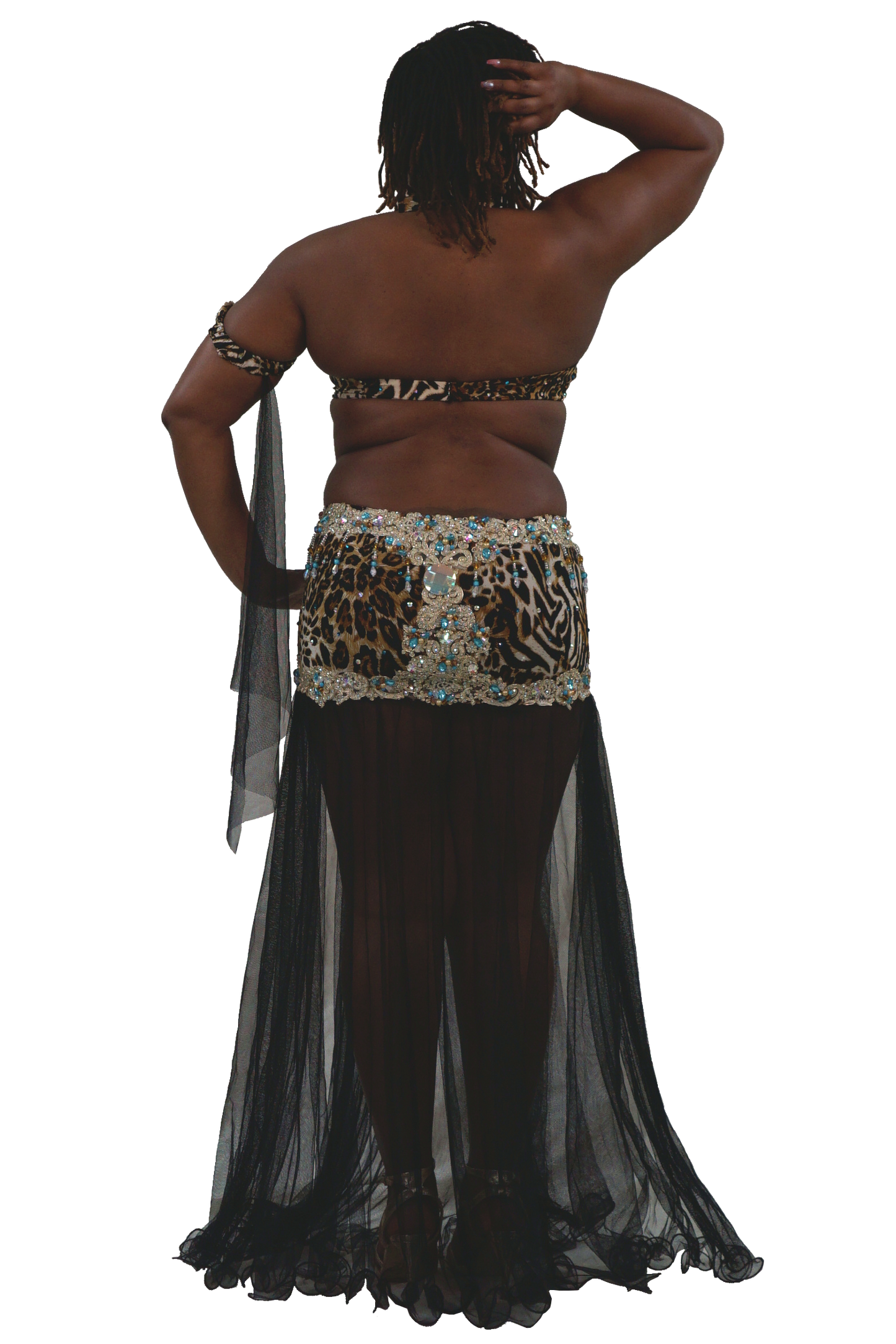 A woman shown from the back wearing a belly dance costume with a leopard-print and zebra-print waist scarf embellished with rhinestones, a matching strapless top, and a long black sheer skirt.