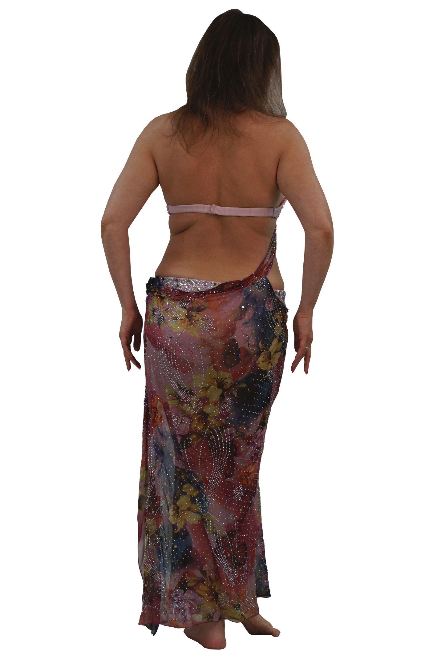 A woman shown from the back wearing a sheer, multicolored floral sarong wrap and a light pink bikini top, isolated on a white background.
