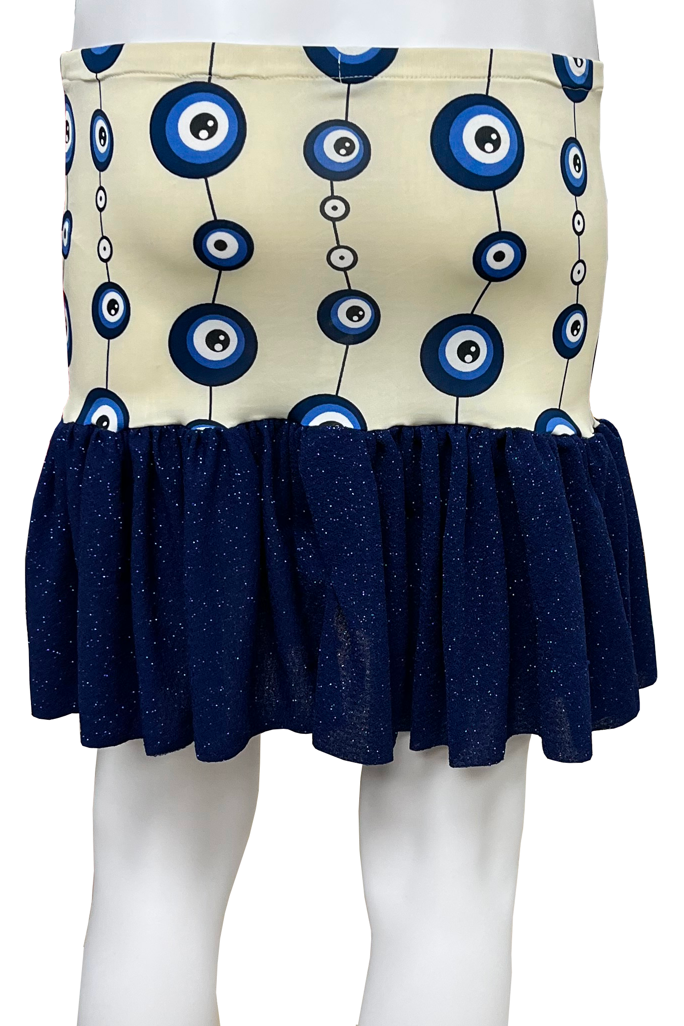 Skirt with blue and white pattern on beige background