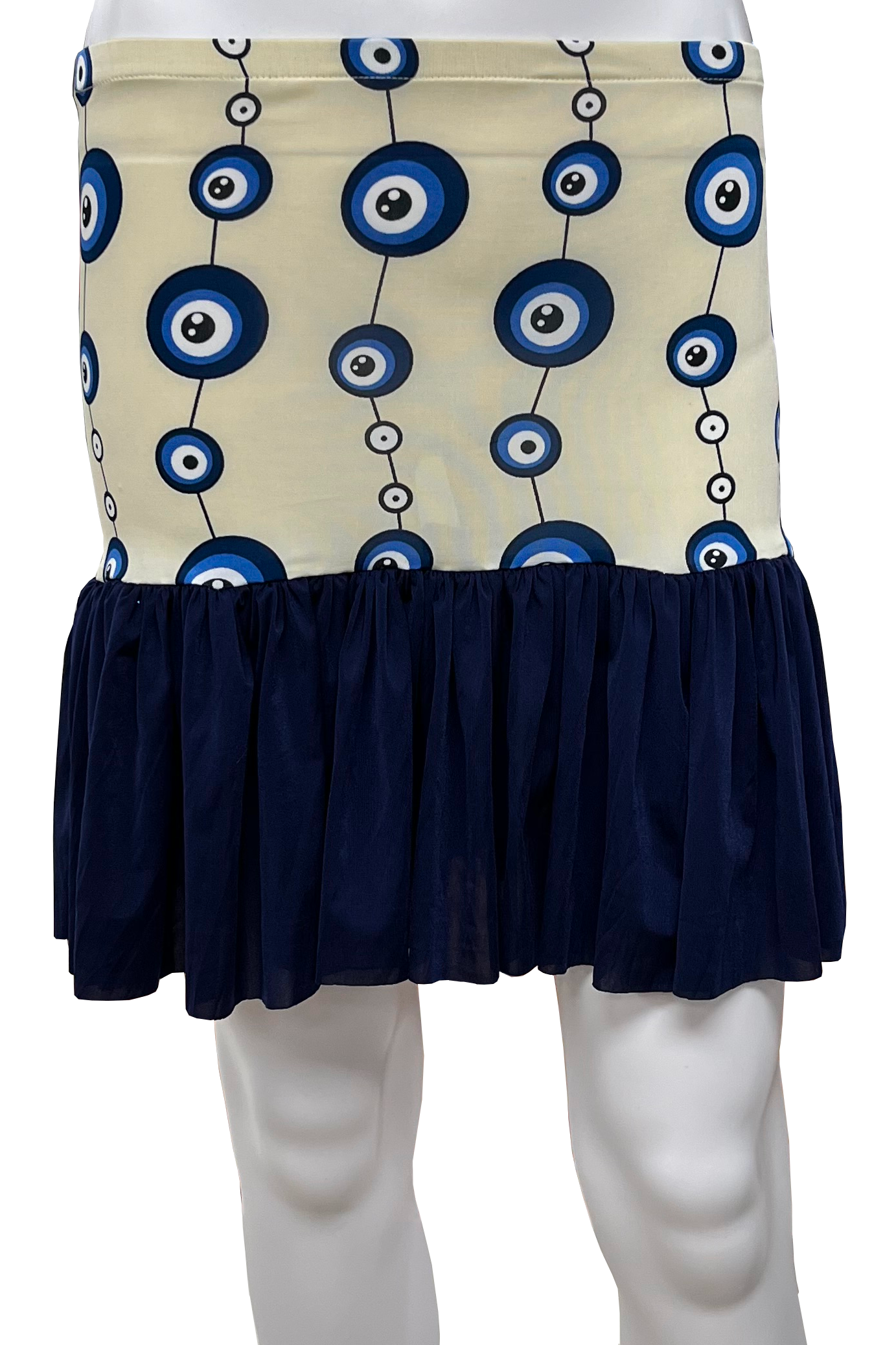 Stretch mini skirt with evil eye pattern and dark ruffle