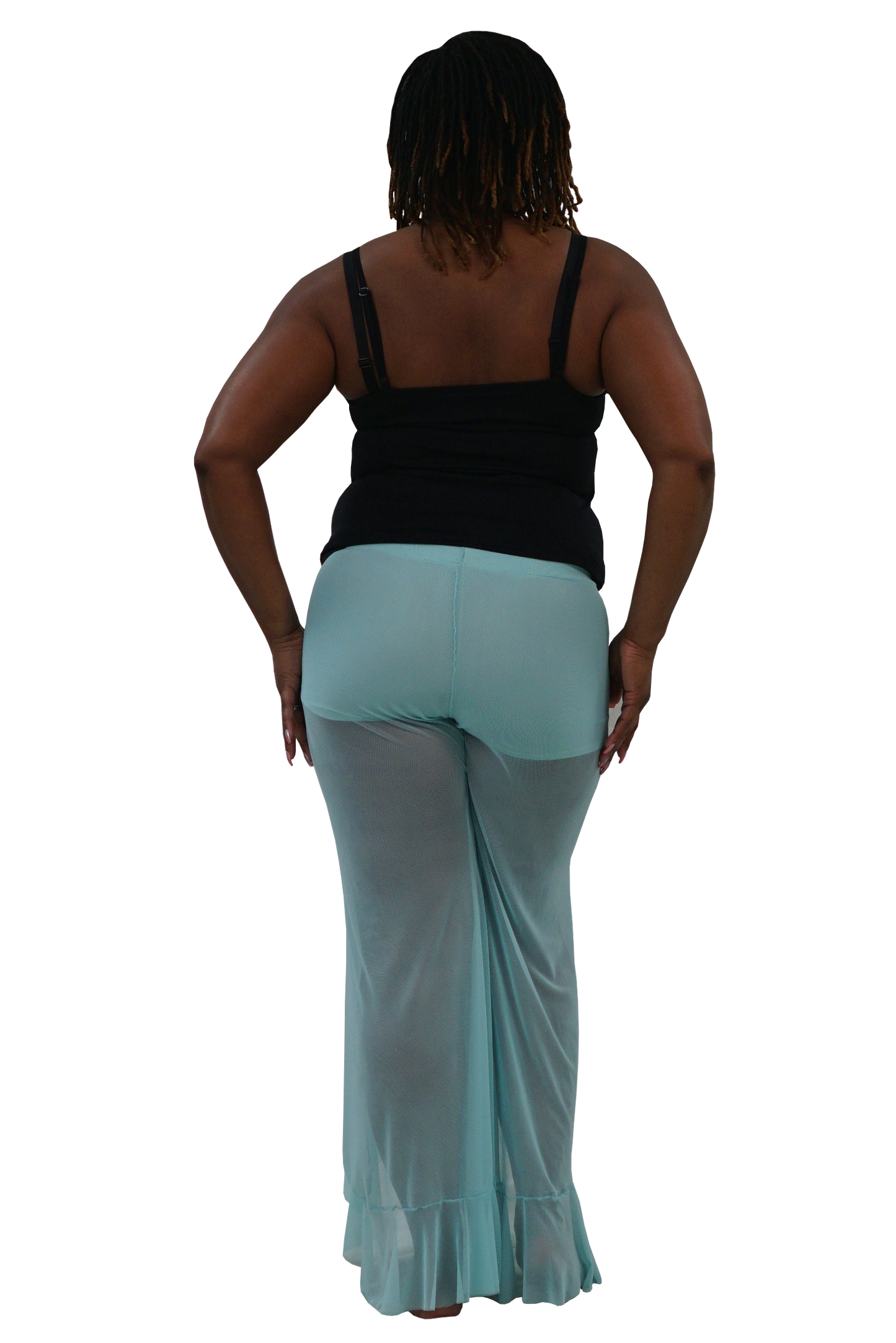 A woman shown from the back wearing a black tank top and light aqua sheer flared pants against a plain white background.