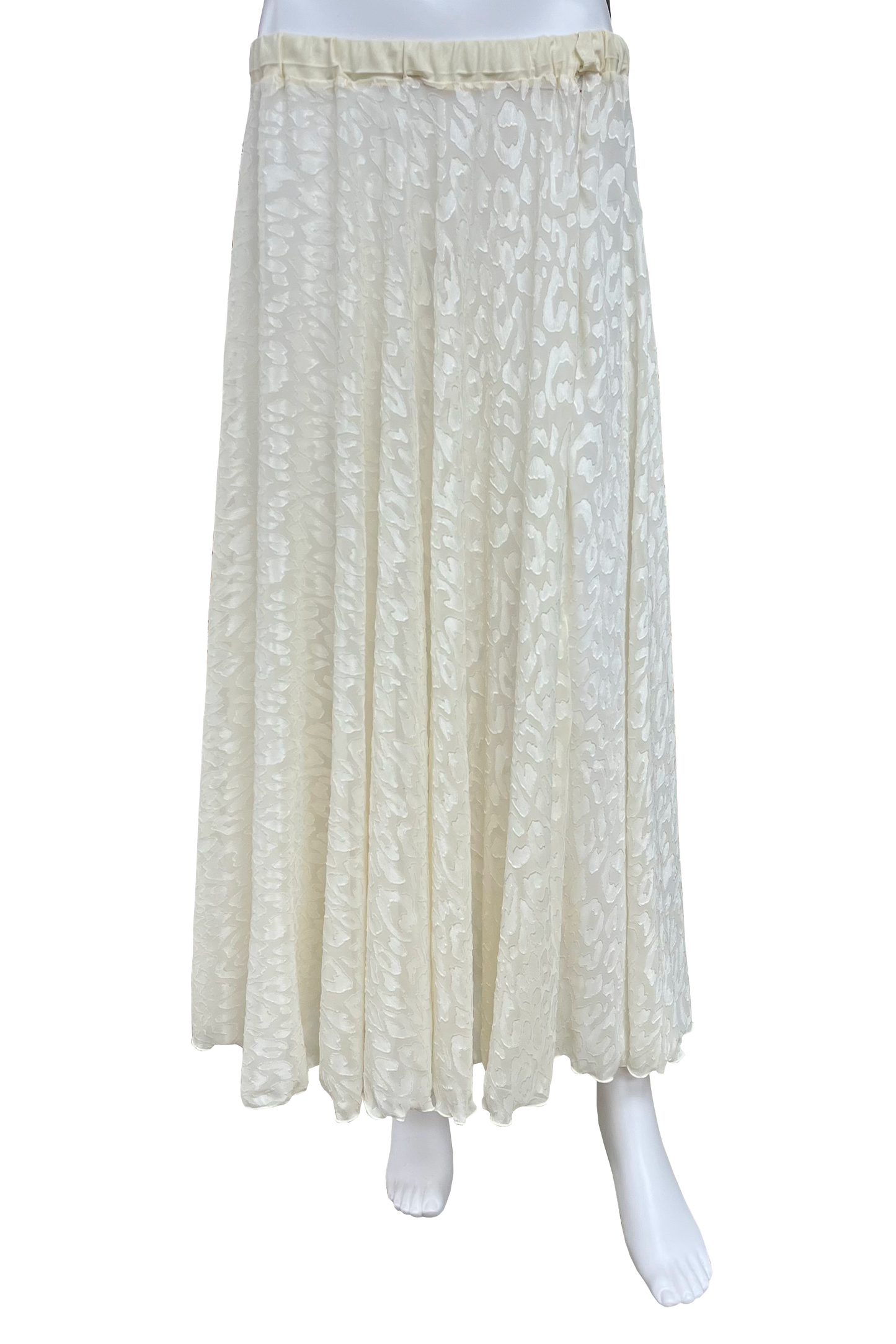 An off-white, textured maxi skirt displayed on a white mannequin against a plain white background.