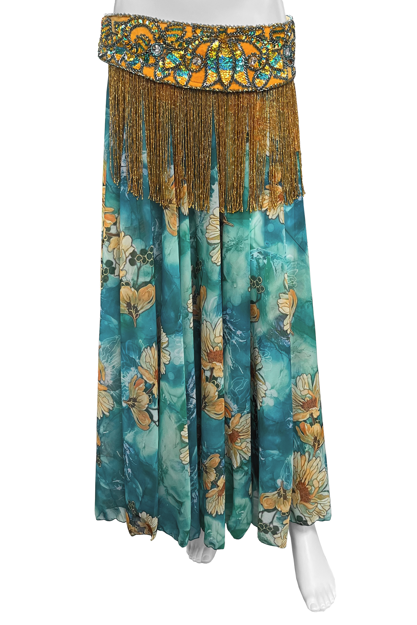 Floral patterned skirt with fringe on a white background