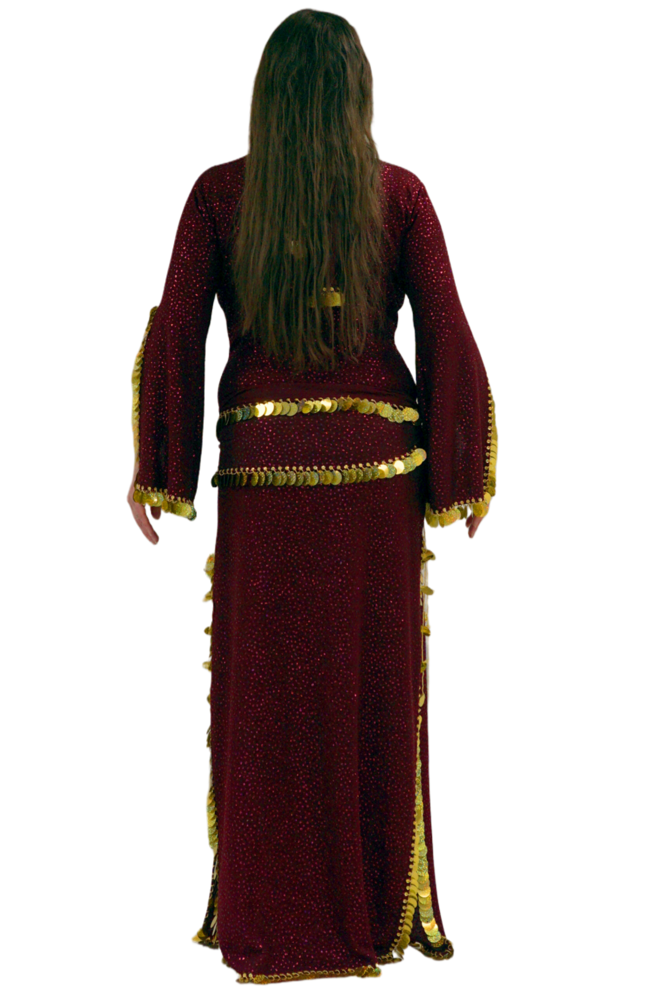Maroon dress with gold trim on a white background