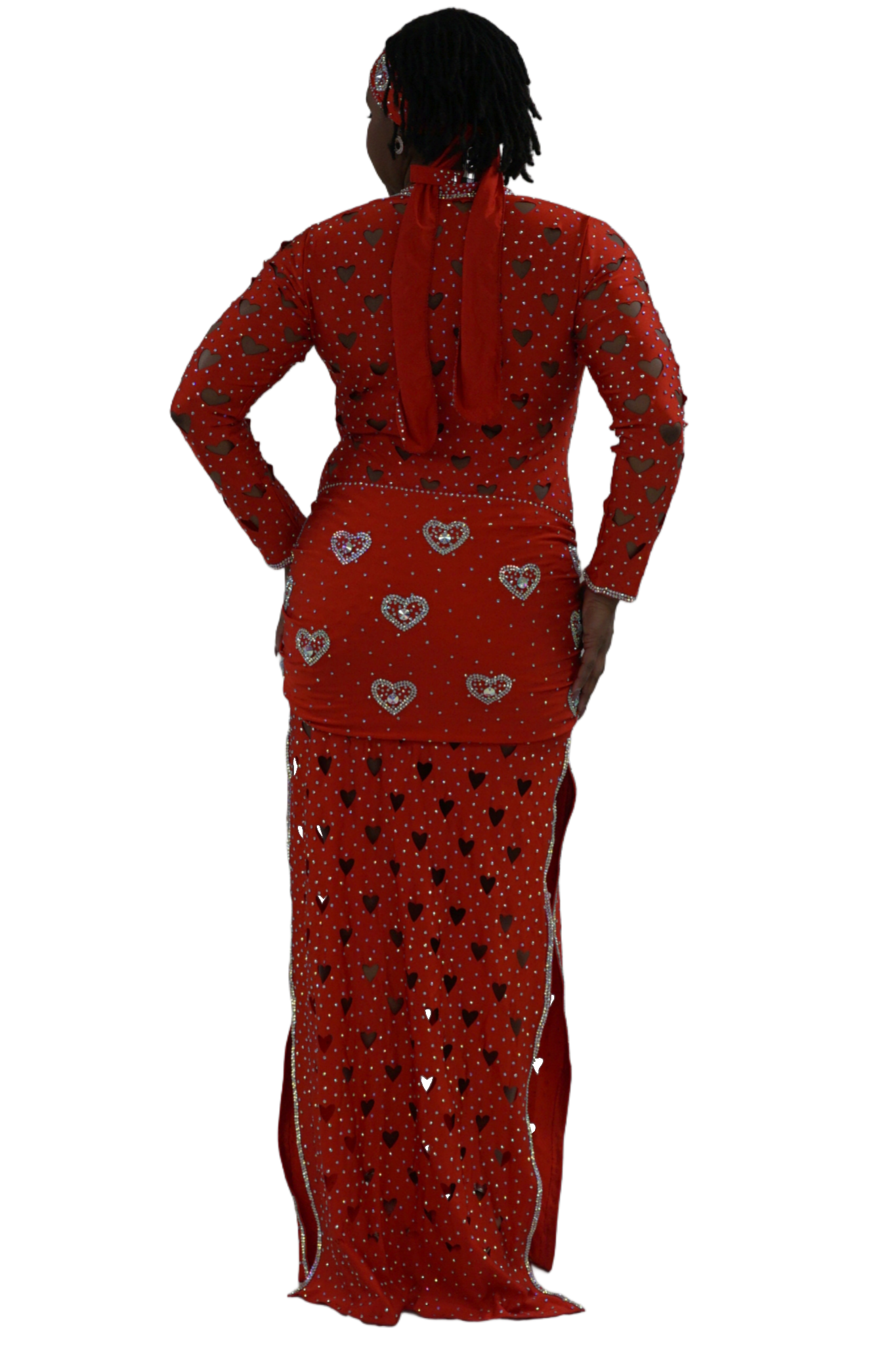 Red traditional outfit with intricate patterns on a white background