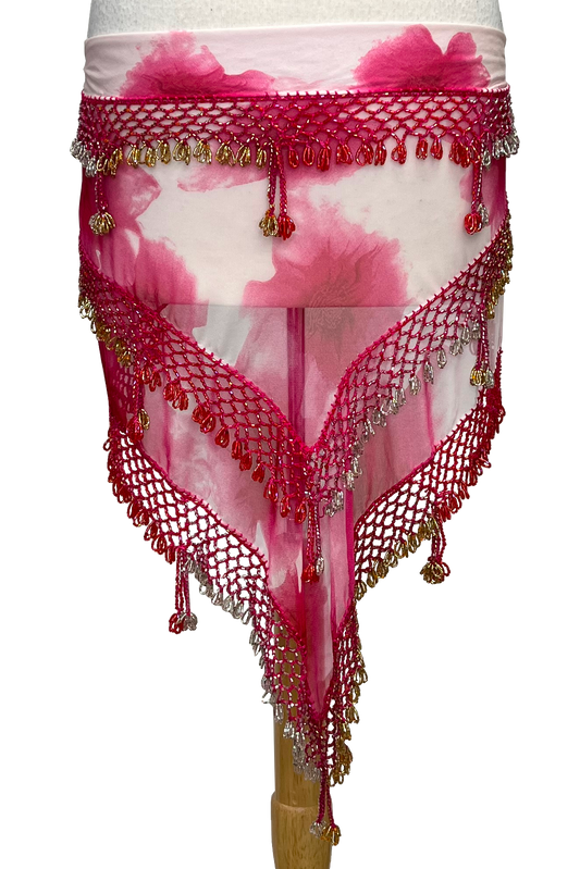 Soft floral print on an Egyptian beaded hip scarf
