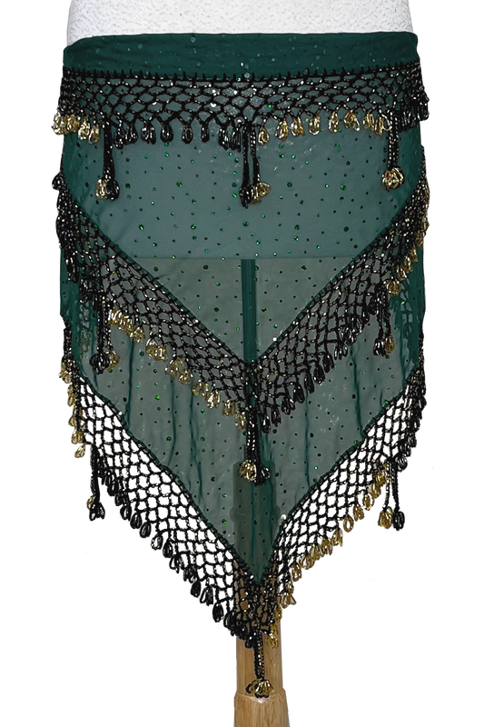 Bellydance hip scarf with gold and black beads