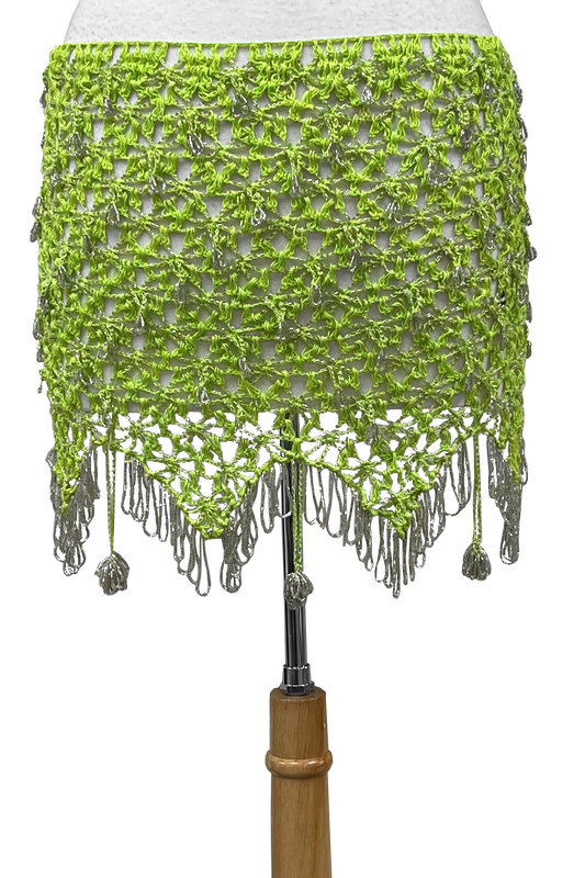 Green crocheted hip scarf with silver beaded fringe
