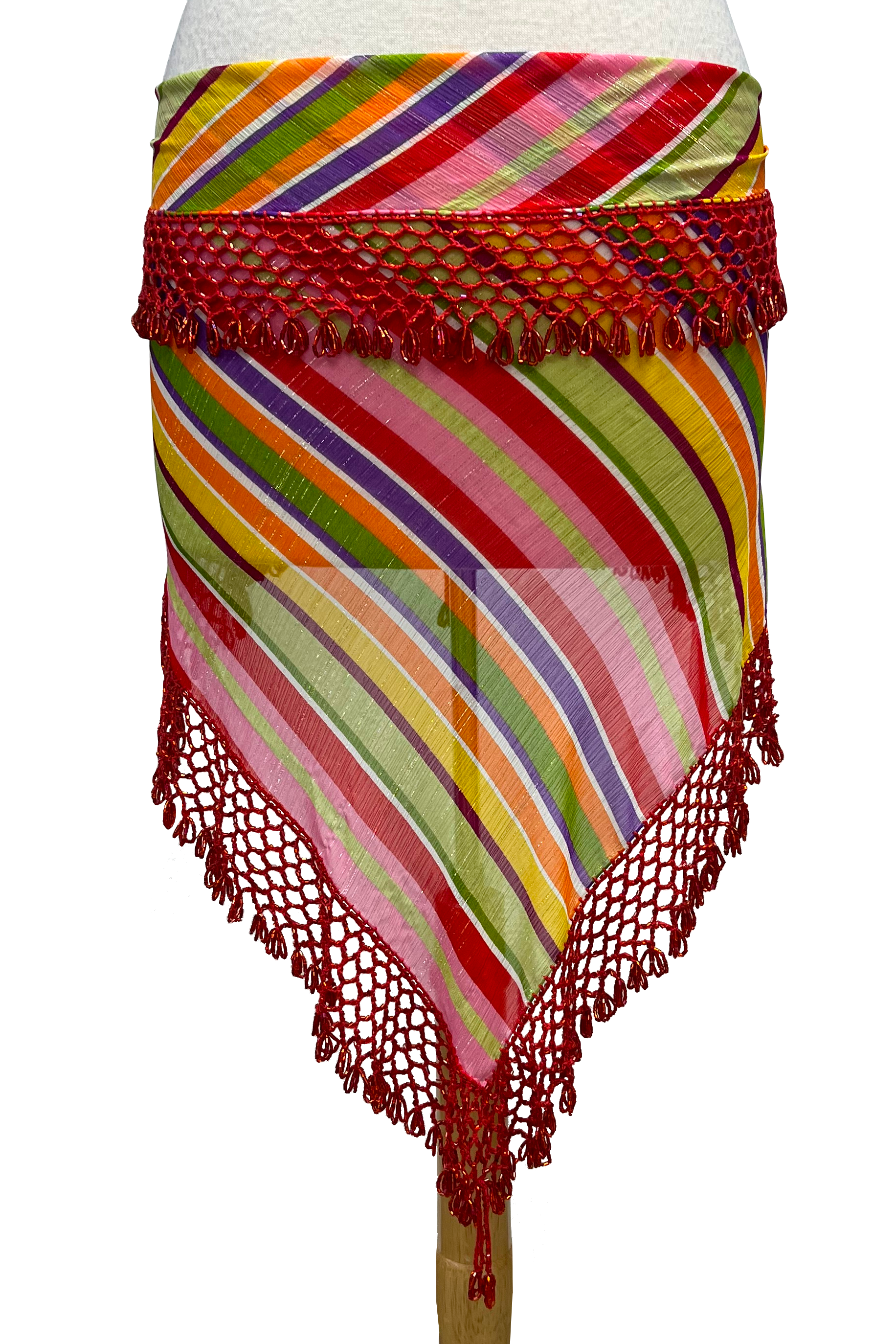 Colorful striped hip scarf with red fringes on a white background