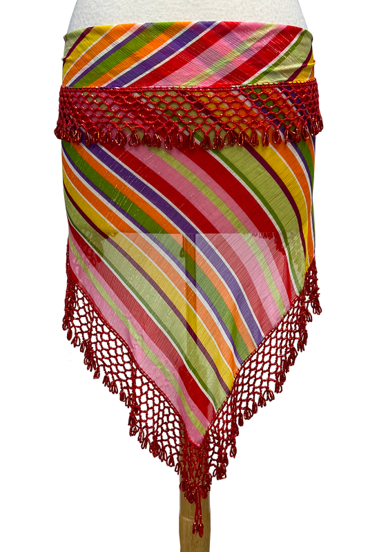 Colorful striped hip scarf with red fringes on a white background