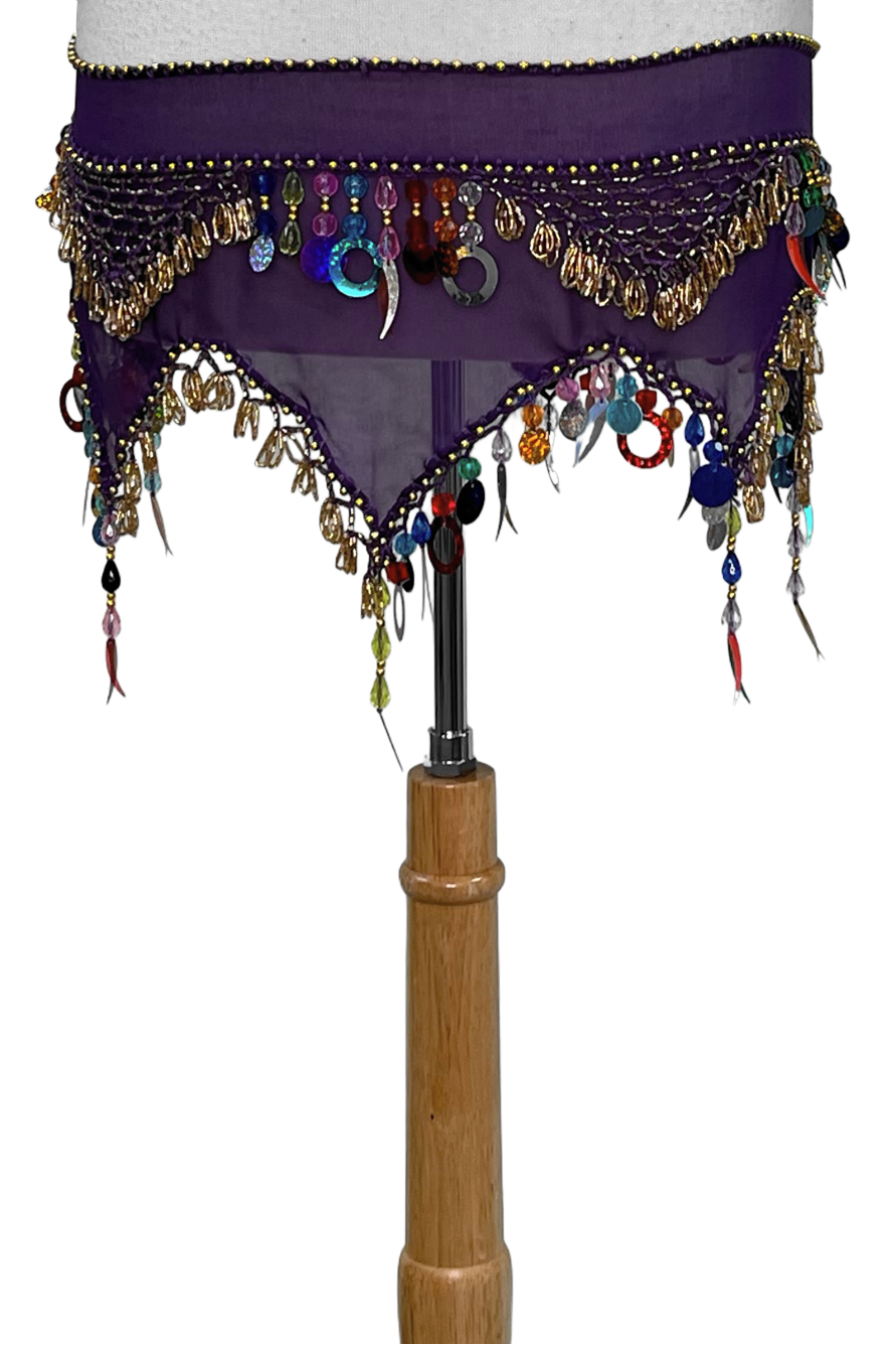 Purple scarf with gold glass beads and multicolored beads and paillettes