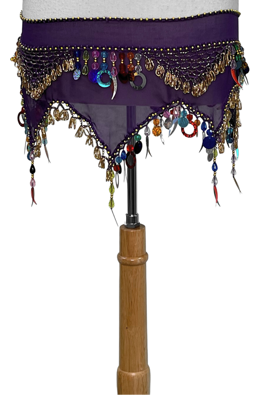 Purple scarf with gold glass beads and multicolored beads and paillettes