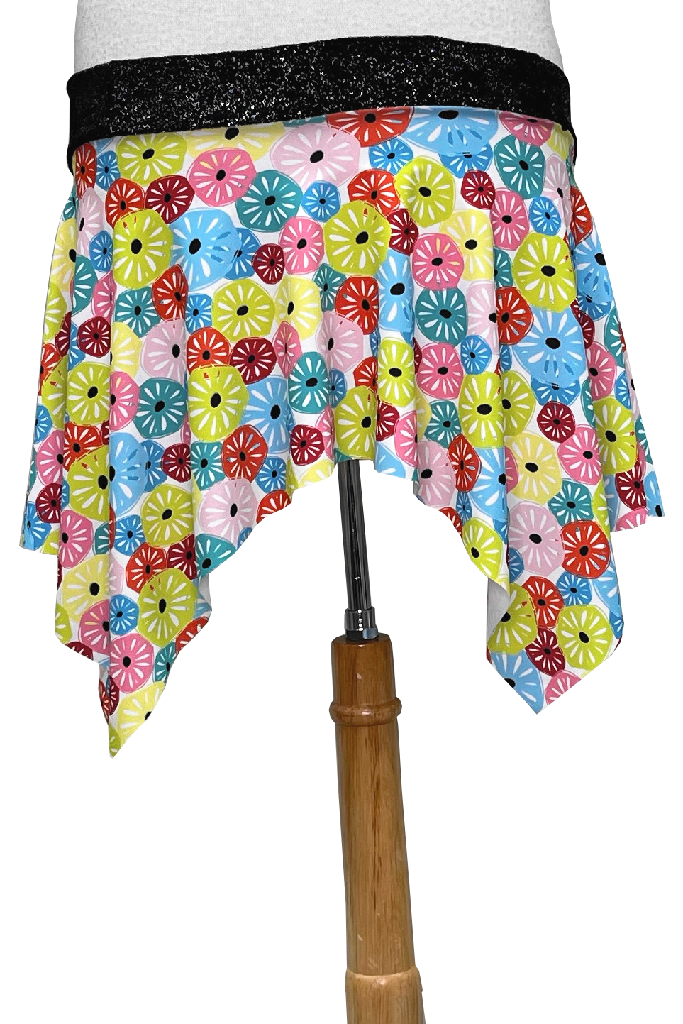 Multicolored circular print skirt with black waistband