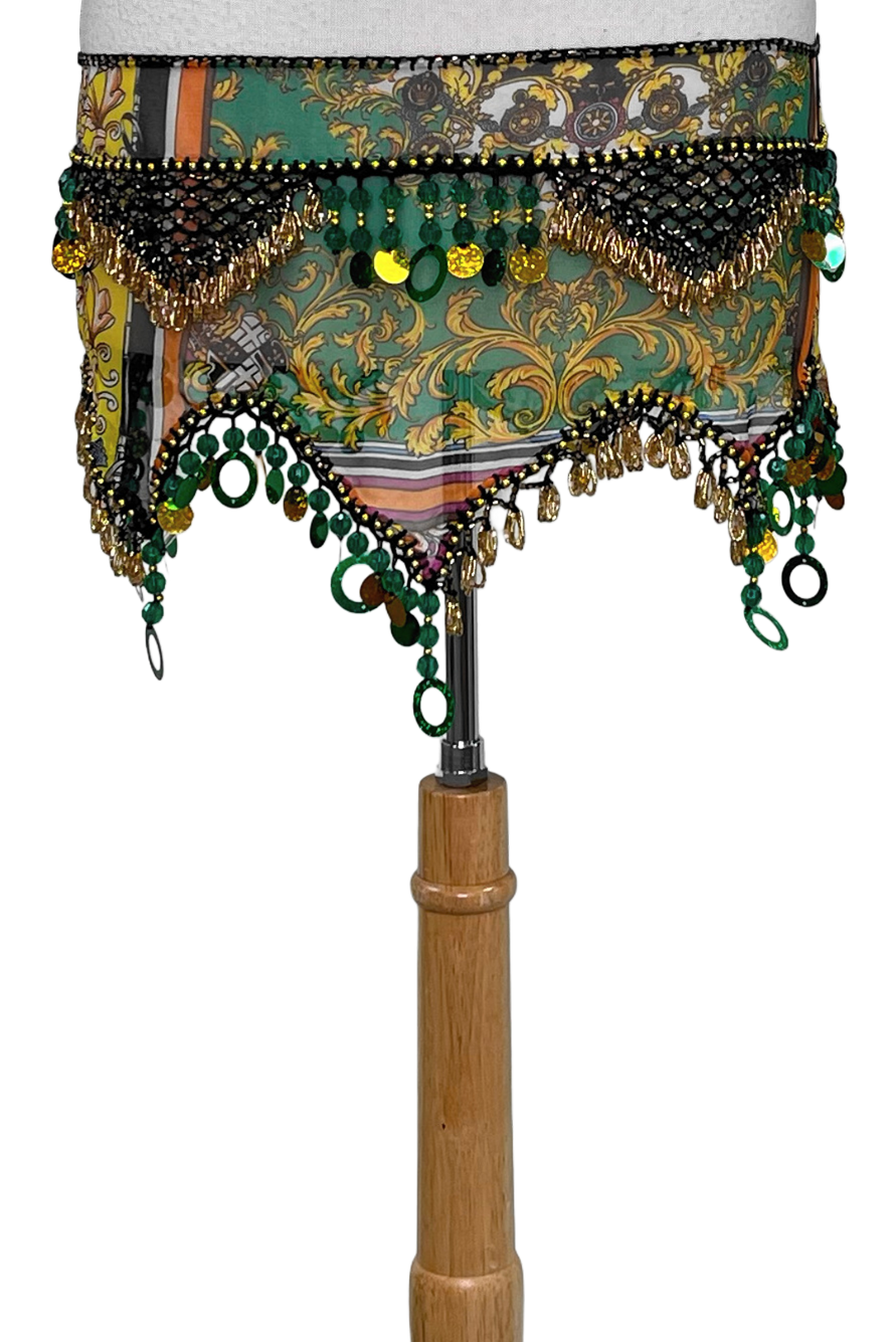 Floral scroll hip scarf with gold and green accents