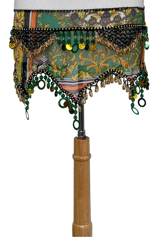 Floral scroll hip scarf with gold and green accents