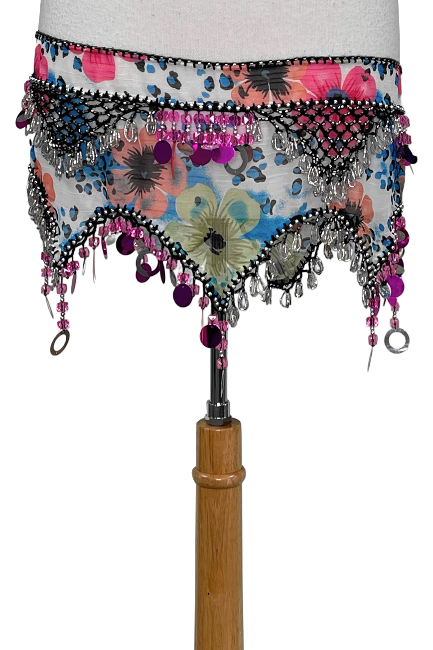 Multicolored floral scarf with fuchsia beads