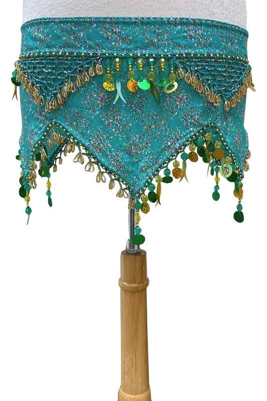 Teal print bellydance hip scarf
