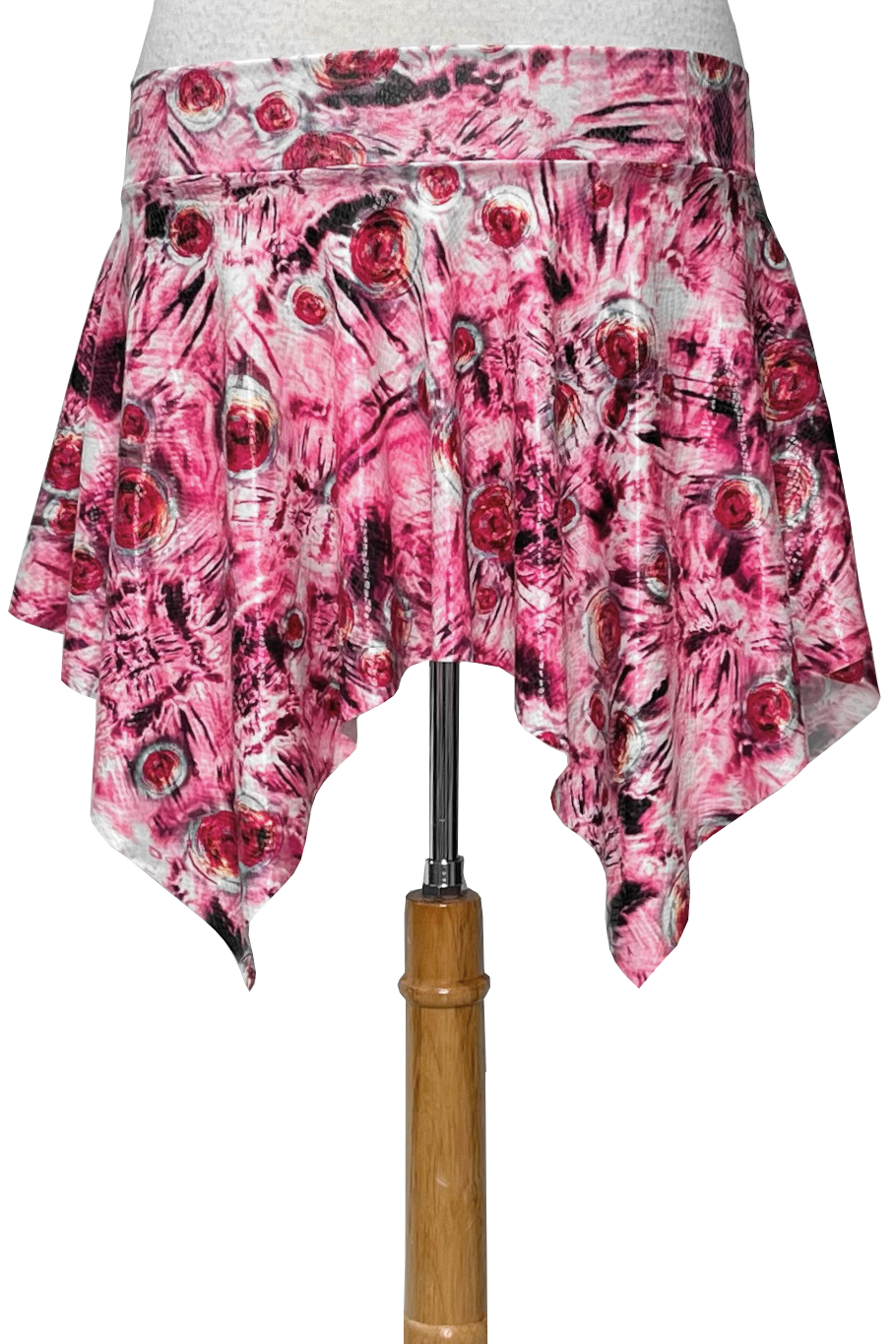 pink circular print skirt with white accents