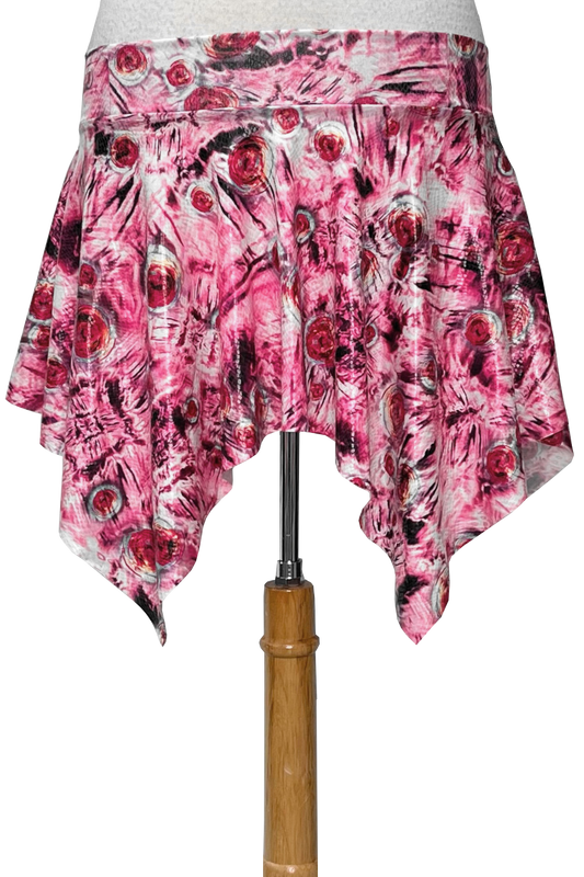 pink circular print skirt with white accents