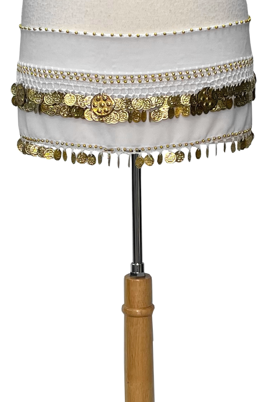 white chiffon hip scarf with gold coins
