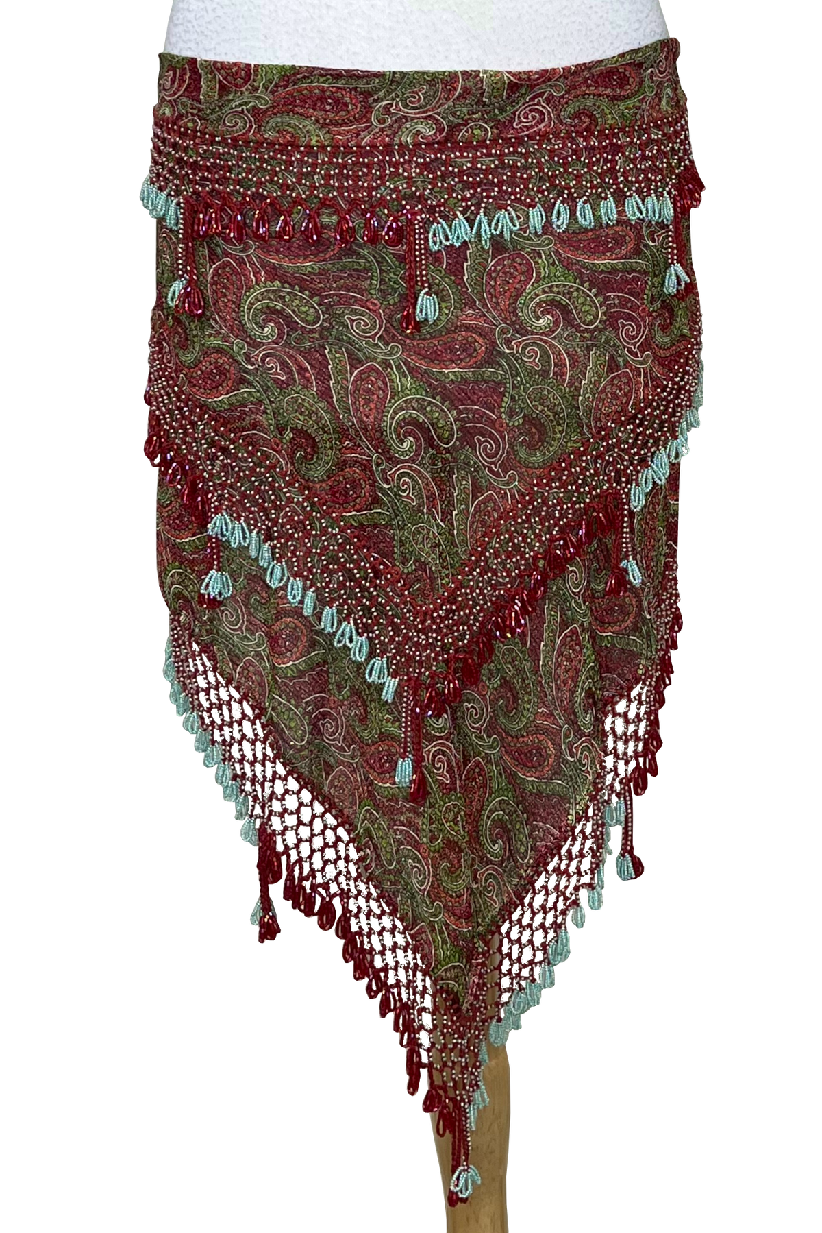 Paisley print hip scarf with glass beads.