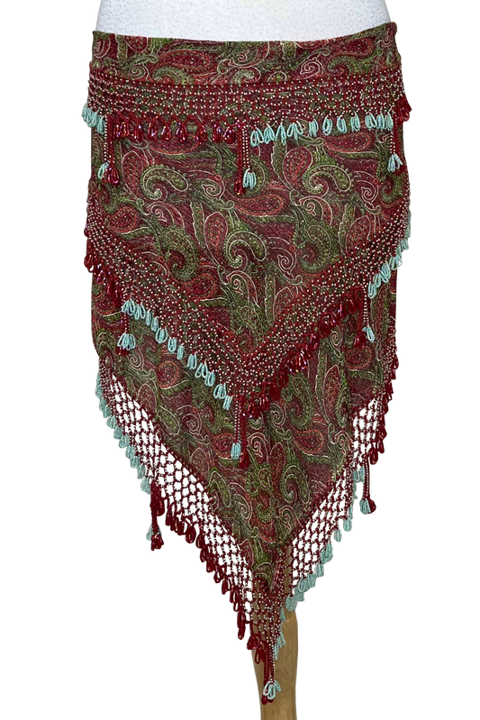 Paisley print hip scarf with glass beads.