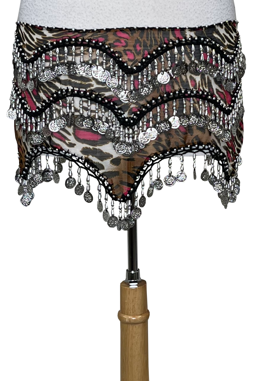 Pink and brown animal print chiffon bellydance hip scarf.