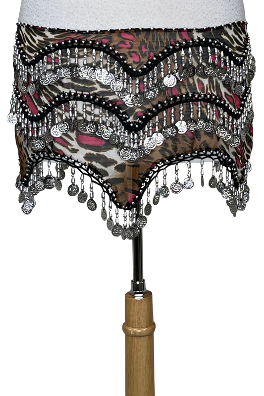 Pink and brown animal print chiffon bellydance hip scarf.
