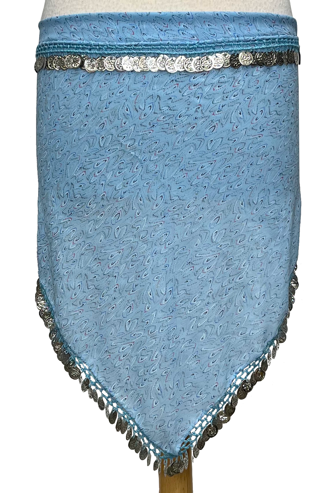 Blue fabric hip scarf with decorative silver coin trim on a white background
