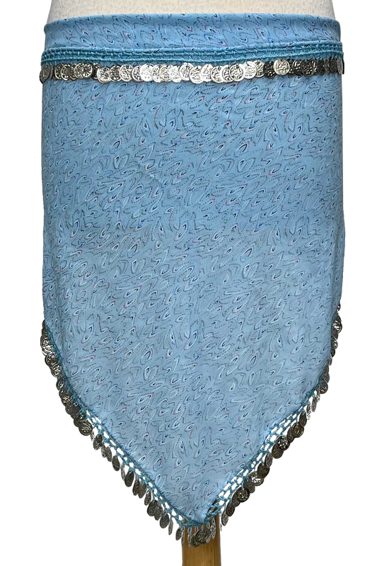 Blue fabric hip scarf with decorative silver coin trim on a white background