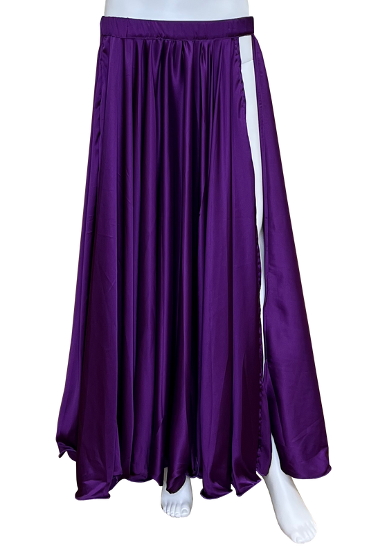 A purple satin maxi skirt displayed on a white mannequin against a plain white background.