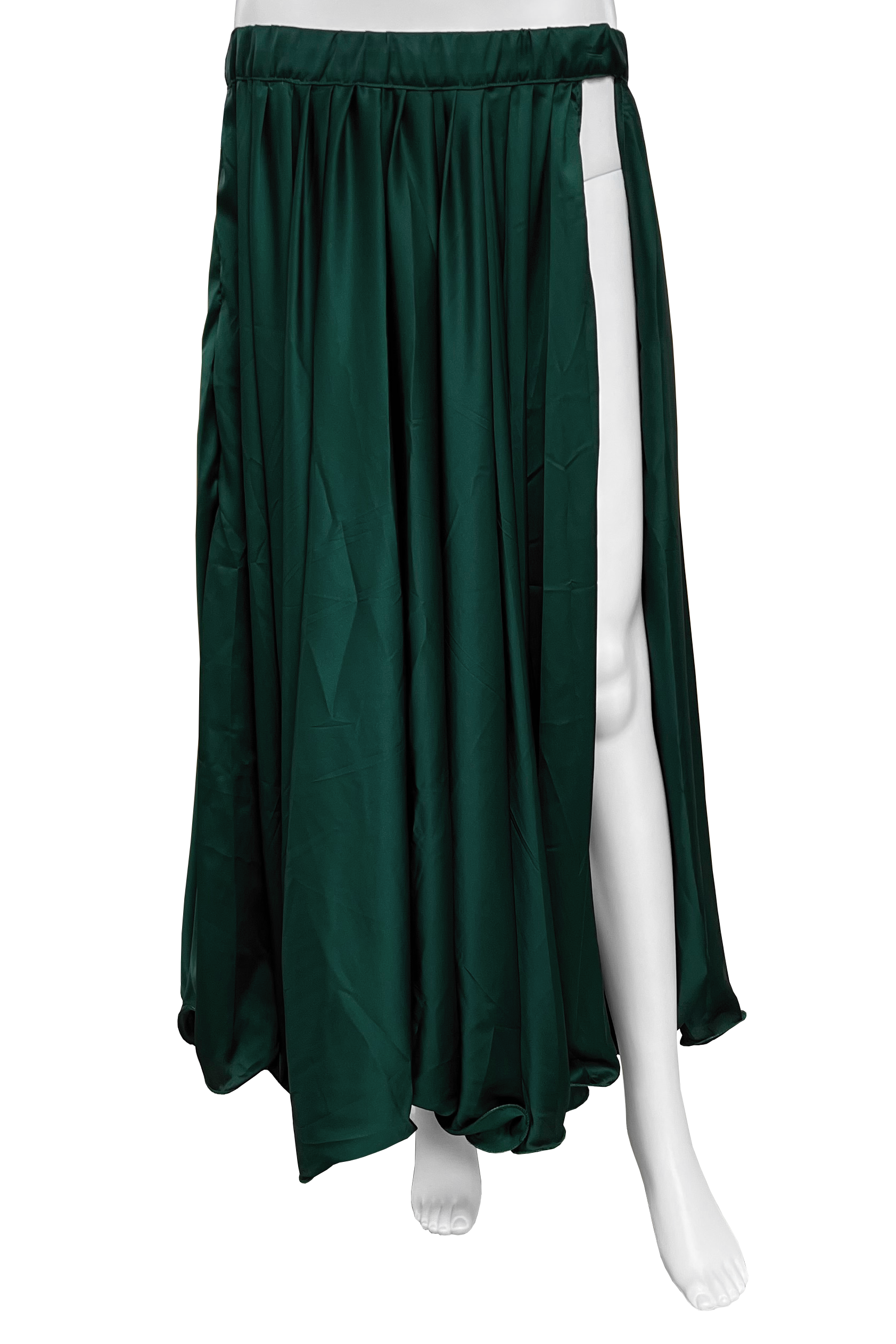 Dark green satin circle skirt on a white background.
