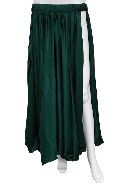 Dark green satin circle skirt on a white background.