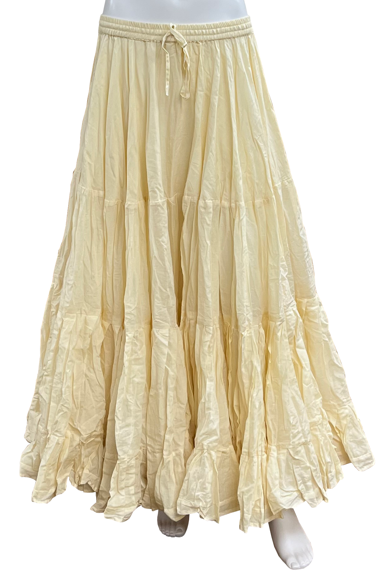 A long, tiered maxi skirt in a cream or ivory color, displayed on a mannequin against a plain white background.