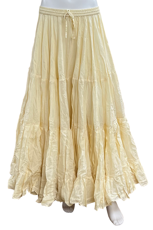 A long, tiered maxi skirt in a cream or ivory color, displayed on a mannequin against a plain white background.