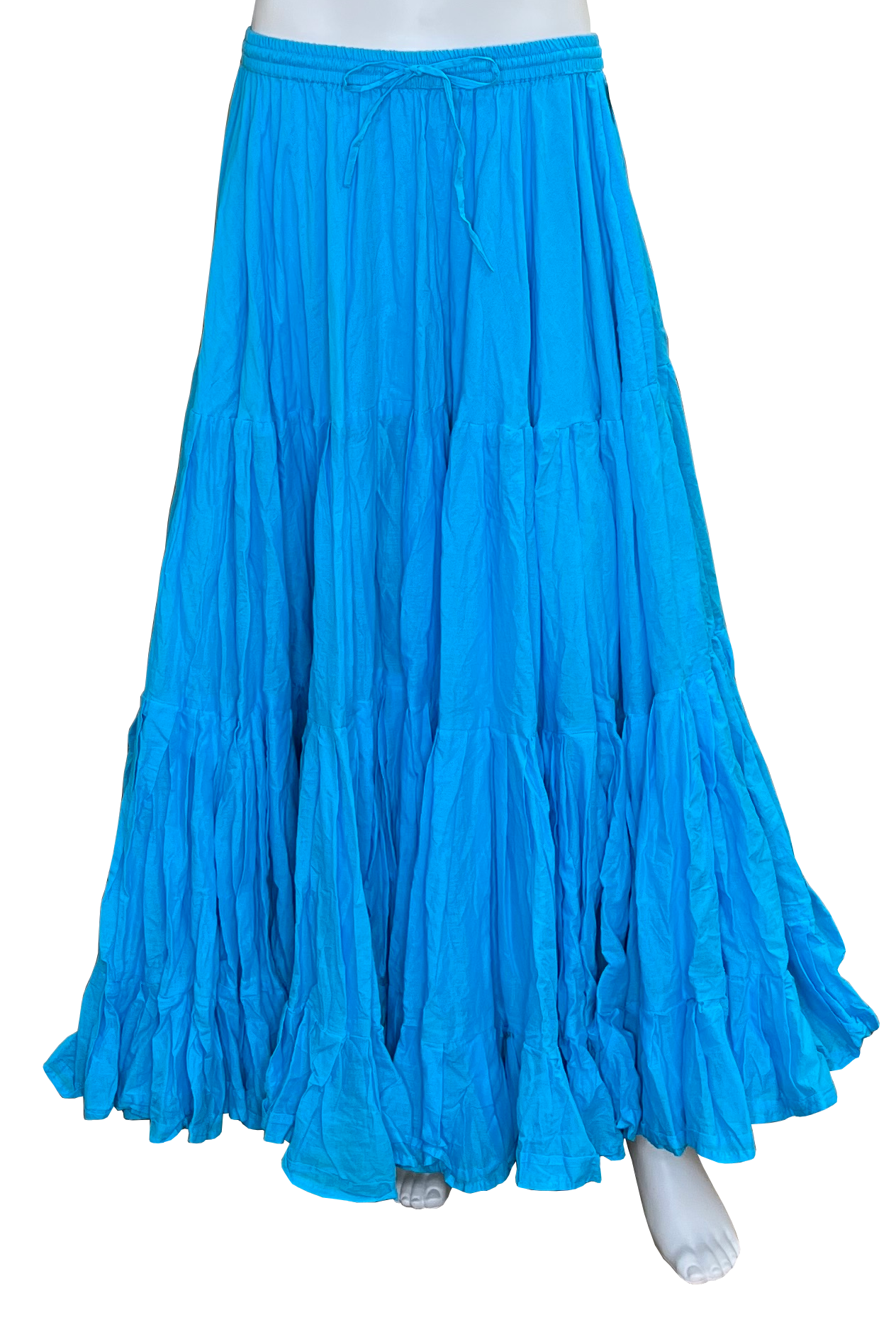 A bright blue tiered maxi skirt with a drawstring waist, displayed on a mannequin against a plain white background.