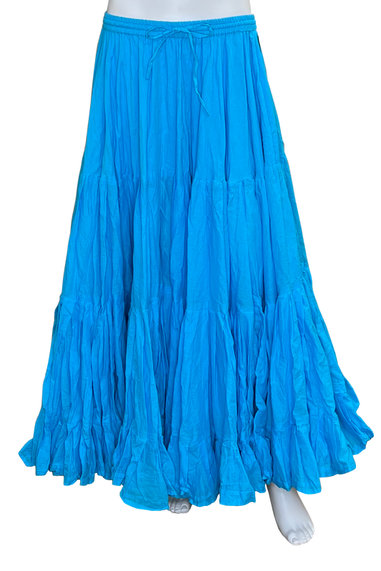 A bright blue tiered maxi skirt with a drawstring waist, displayed on a mannequin against a plain white background.