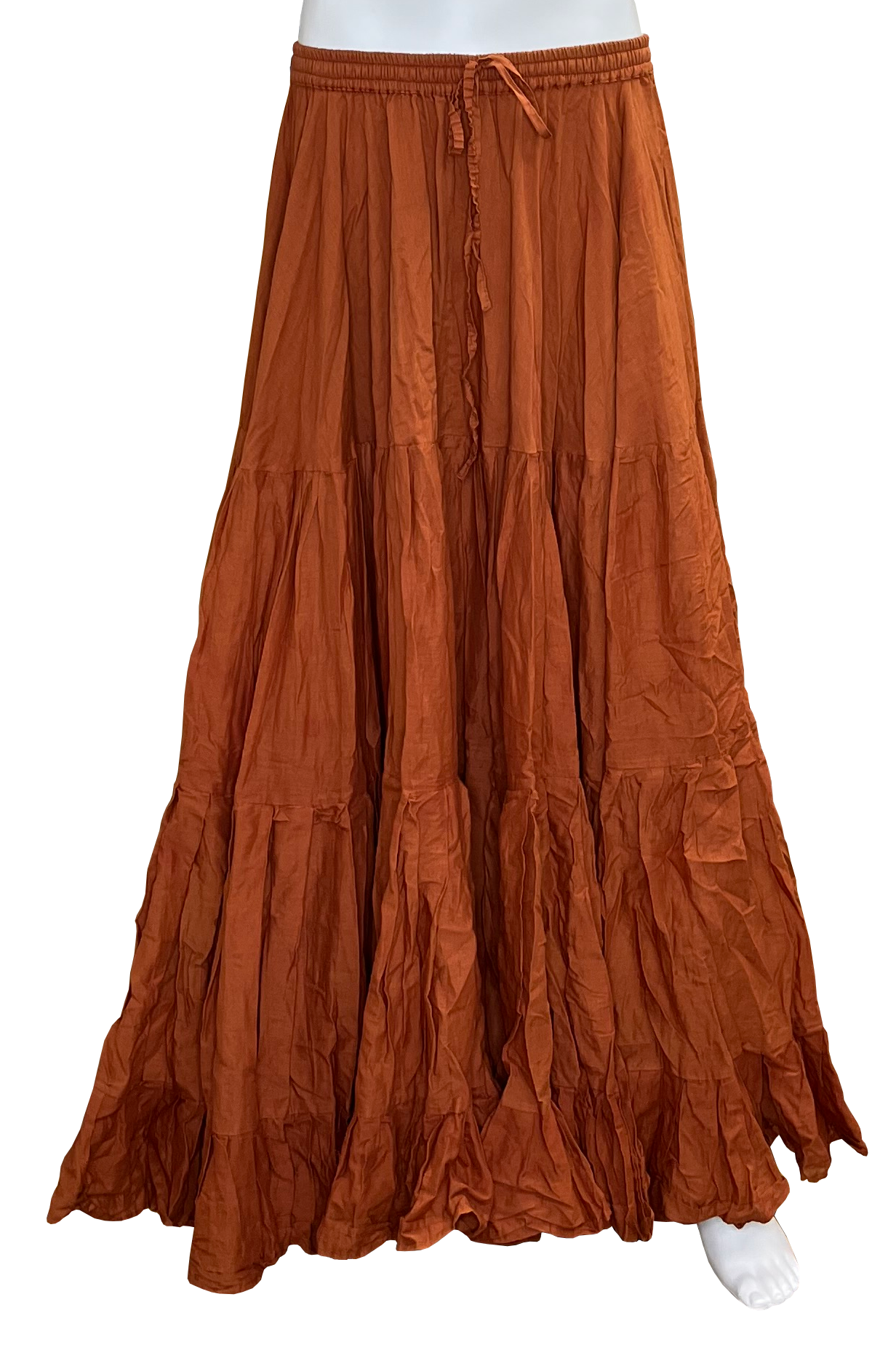 A rust-brown, tiered maxi skirt with a drawstring waistband, displayed on a white mannequin against a solid white background.