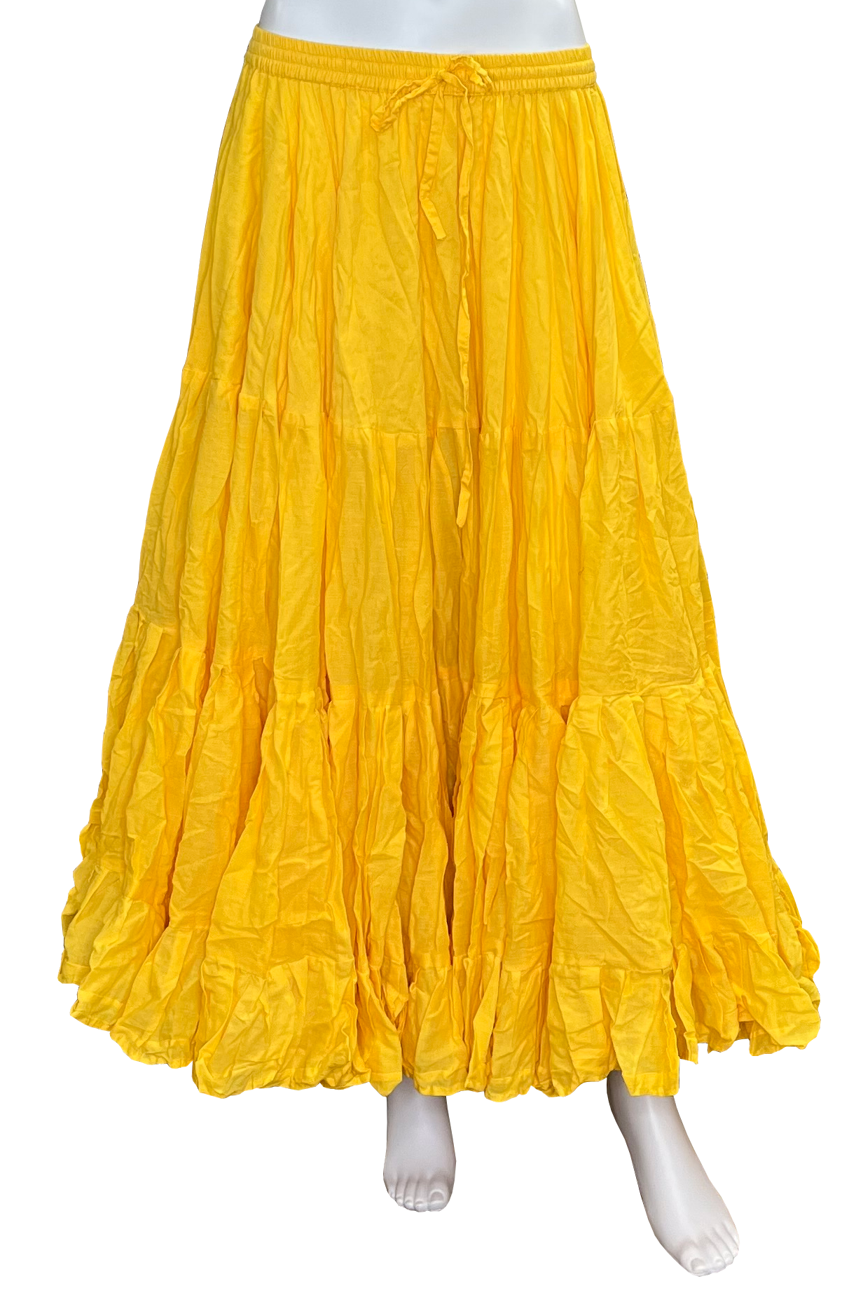 Bright yellow gathered and tiered maxi skirt