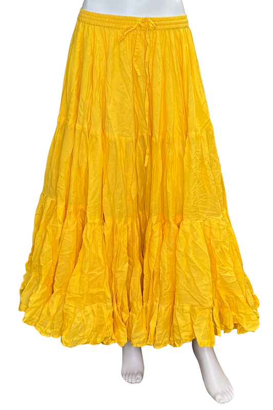 Bright yellow gathered and tiered maxi skirt